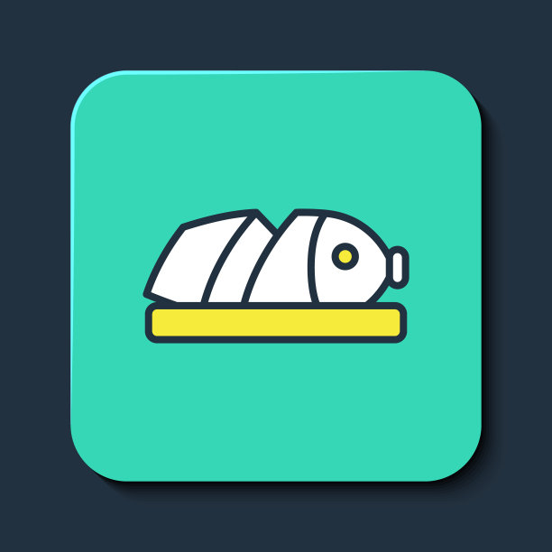 填充轮廓鱼与切片刀图标孤立在蓝色背景上。绿松石平方按钮。向量图片下载