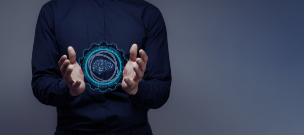 商人手持人工智能大脑的全息图。未来技术概念，机器学习，商业领域的创新发展。图片下载