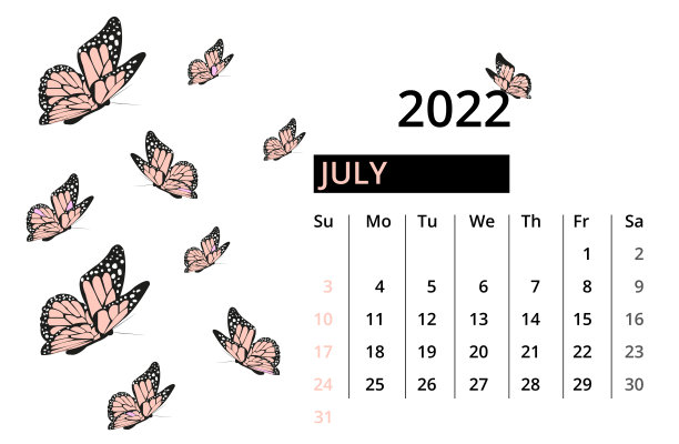 2022年7月日历。桌面日历与蝴蝶。孤立的白色背景。特写镜头。上周星期天开始。图片下载