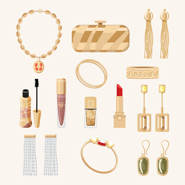 集珠宝首饰黄金饰品项链，化妆品，手镯耳环和手袋。时尚女性的收藏。昂贵的奢侈品。平面样式矢量插图图片下载