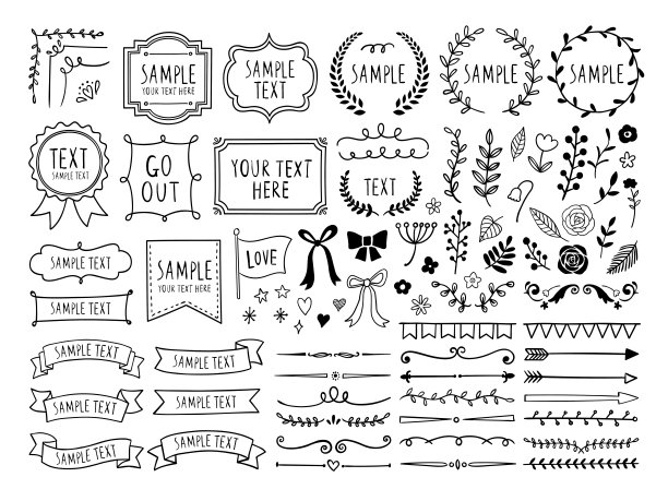 复古线条画框，彩带，装饰品和植物。图片下载