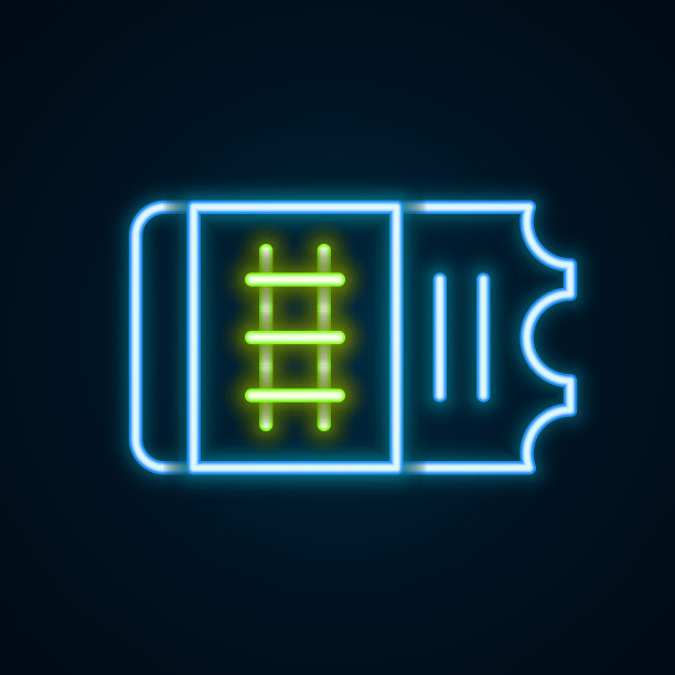 发光的霓虹灯线火车票图标孤立在黑色背景上。铁路旅行。色彩斑斓的轮廓的概念。向量图片下载