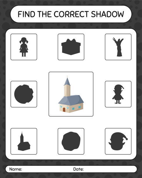 找到正确的阴影游戏与教堂。学龄前儿童作业纸，儿童活动纸图片下载