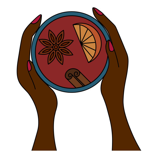 手里拿着热红酒。这款饮料配有茴芹、一片橘子片和一根肉桂棒。一个非裔美国人手掌中的杯子。从以上观点。彩色矢量插图。盛有香味饮料的杯子。图片下载