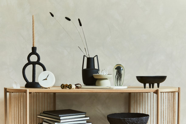 时尚的个人饰品组合在客厅的控制台。雕塑，烛台，矿物和托盘。副本的空间。模板。图片下载