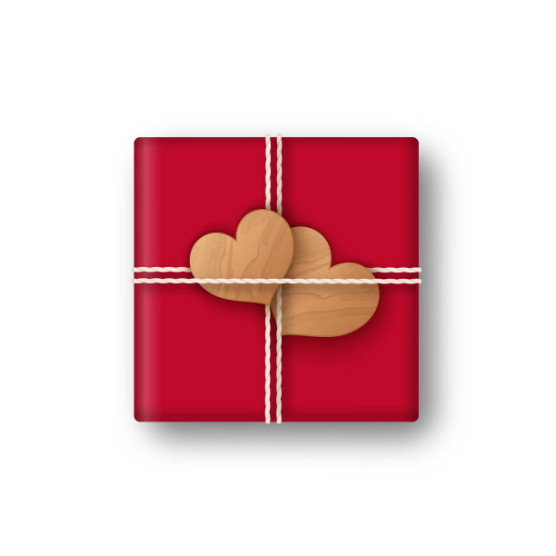礼品盒工艺风格孤立在白色背景上。用绳子装饰的红色方形盒子，木制心形装饰。前视图。矢量插图。图片下载