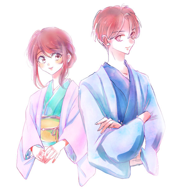 一对夫妇穿着和服的插图图片下载