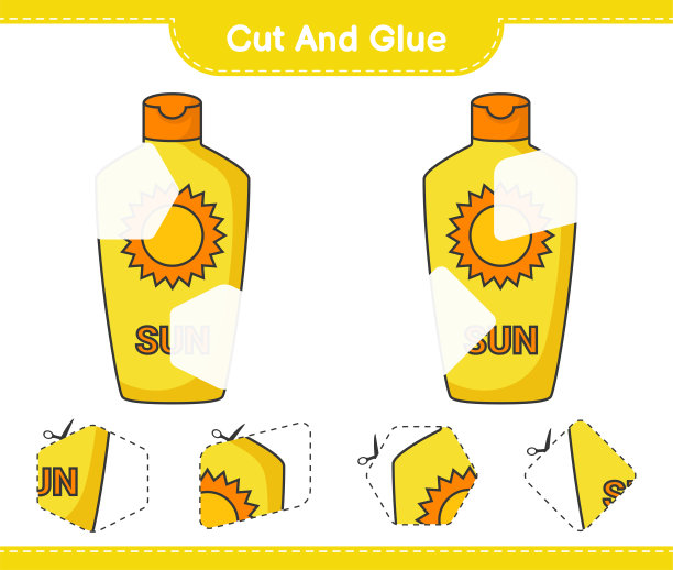 剪切和胶水，剪切部分防晒霜和胶水。教育儿童游戏，可打印的工作表，矢量插图图片下载