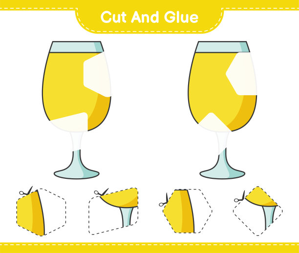 剪切和胶水，剪切鸡尾酒的部分和胶水。教育儿童游戏，可打印的工作表，矢量插图图片下载