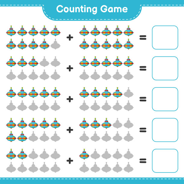 数数和配对，数出旋转玩具的数量，并与正确的数字配对。教育儿童游戏，可打印的工作表，矢量插图图片下载