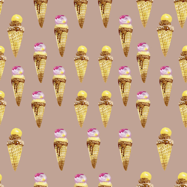 Derert巧克力冰淇淋在黄色背景无缝图案手工水彩图片下载