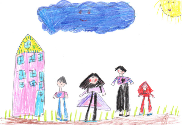 一个孩子在户外散步，画着一个幸福的家庭。孩子气风格的铅笔艺术图片下载