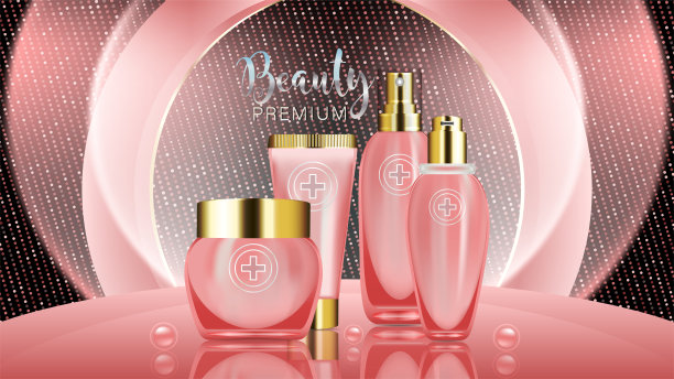 美容产品广告设计，粉色化妆品容器胶原蛋白溶液广告背景随时可用，豪华护肤品横幅图片下载