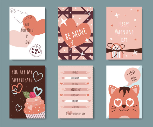 情人节快乐的爱收集6可爱的贺卡模板。图片下载