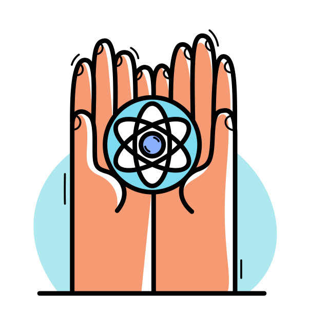 双手原子图标保护和显示关怀向量平面风格插图孤立在白色，珍惜和保护科学和研究的概念，核原子和平。图片下载