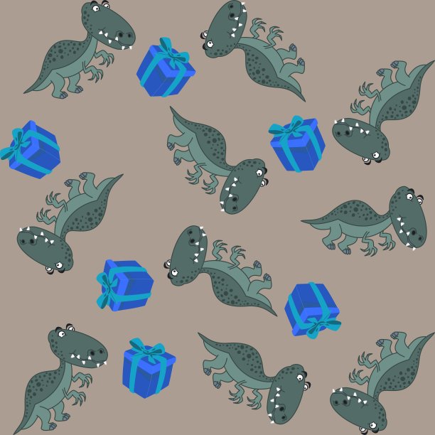与恐龙与大爪子和蓝色礼物的印刷图案-向量图片下载