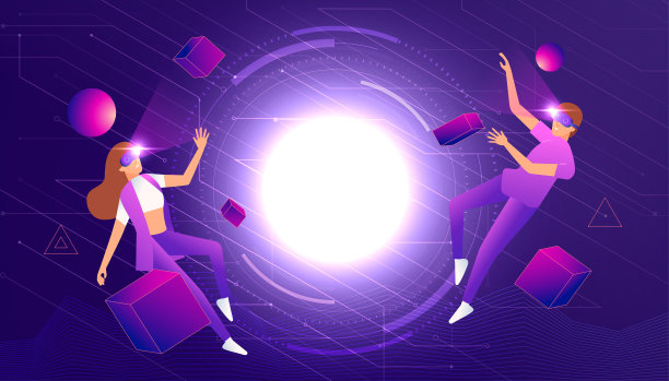 元世界或虚拟现实技术概念。戴着数码眼镜的男人和女人。青少年玩家戴着VR头盔玩游戏。图片下载