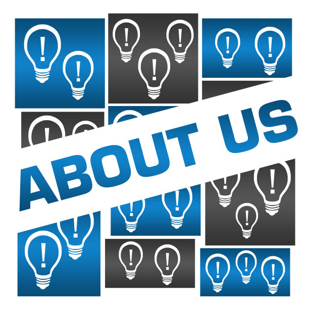 关于我们蓝灰色灯泡网格徽章风格图片下载