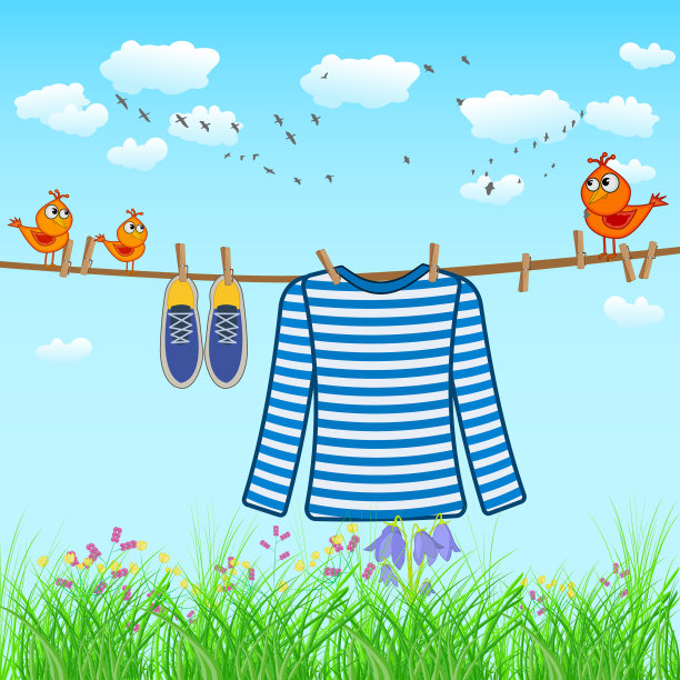 条纹衬衫挂在绳子上，以天空和草地为背景。在阳光明媚的日子里，衣服挂在晾衣绳上。图片下载