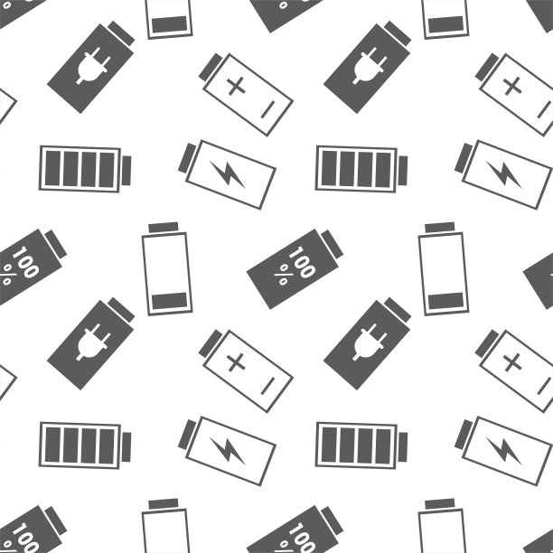 无缝模式与不同的电池图标。部分移动界面，充电图标。空电池和满电池。单色纹理，装饰元素。图片下载