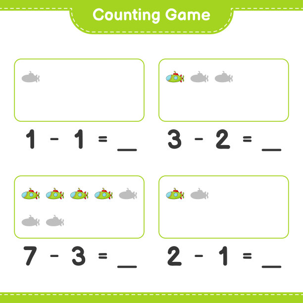 数和匹配，数“潜水艇”的数量，并匹配正确的数字。教育儿童游戏，可打印的工作表，矢量插图图片下载