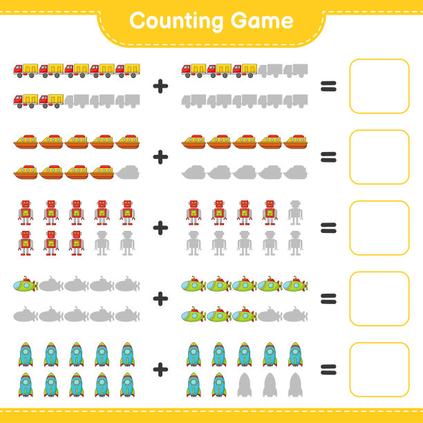 数数和比赛，数数机器人角色、潜艇、火箭、卡车、船的数目，并与正确的数字进行比赛。教育儿童游戏，可打印的工作表，矢量插图图片下载