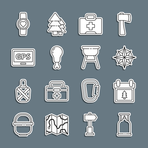 露营煤气炉，日历与树，风玫瑰，急救箱，鸡腿，Gps设备地图，智能手表显示心率和烧烤图标。向量图片下载