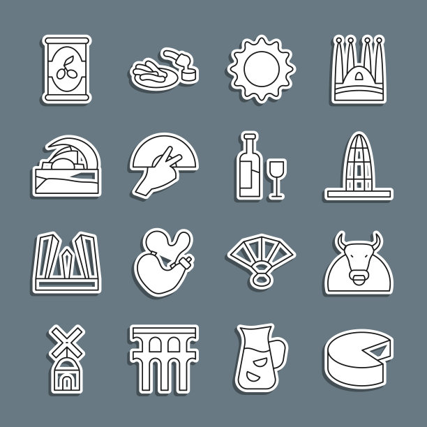 设置线奶酪，公牛，阿格巴塔，太阳，弗拉门戈，音乐厅德特内里费，橄榄罐和酒瓶与玻璃图标。向量图片下载