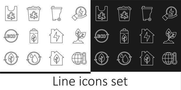 设置全球变暖，植物，垃圾桶，生态自然叶片和电池，生态健康食品标签，塑料袋与回收，房屋闪电和回收站图标。向量图片下载