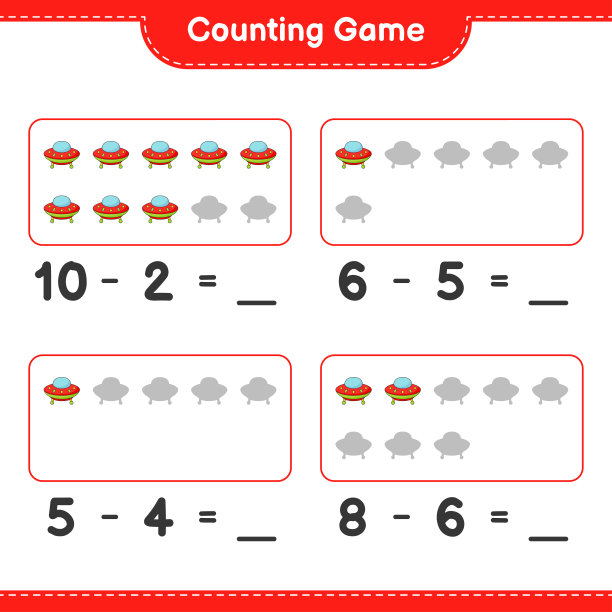 数和匹配，数不明飞行物的数量并匹配正确的数字。教育儿童游戏，可打印的工作表，矢量插图图片下载
