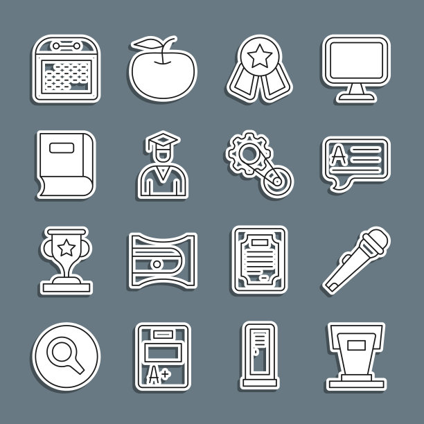 设置线舞台站，麦克风，演讲气泡回答，奖章明星，毕业生毕业帽，书，日历和定时带工具包图标。向量图片下载