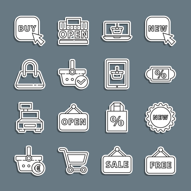 设置线价格标签文本免费，新的，折扣，在笔记本电脑上的购物篮，检查标记，手提包，购买按钮和平板电脑图标。向量图片下载