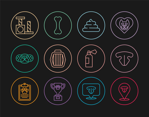 设置线猫鼻子，狗屎，宠物手提箱，抓挠柱，洗发水和狗骨图标。向量图片下载