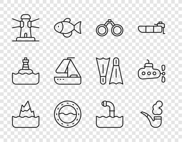 设置线冰山，烟斗，双筒望远镜，船舷窗，灯塔，游艇帆船，潜望镜和潜艇图标。向量图片下载
