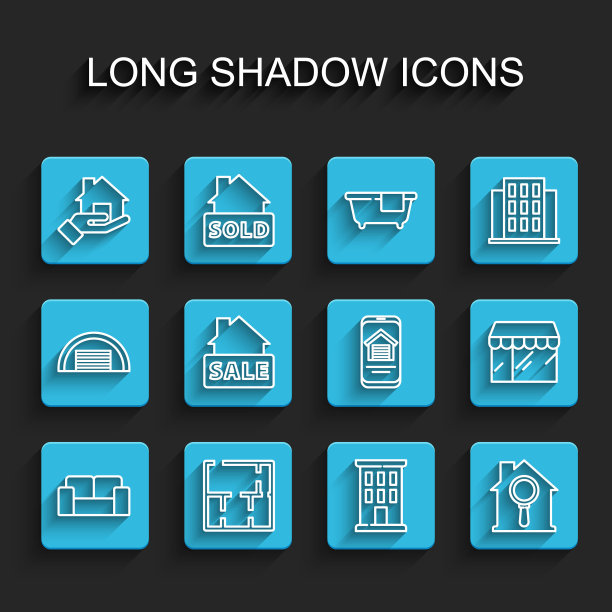 设置线沙发，房子计划，房地产经纪人，搜索房子，悬挂标志与销售，市场商店和在线房地产图标。向量图片下载