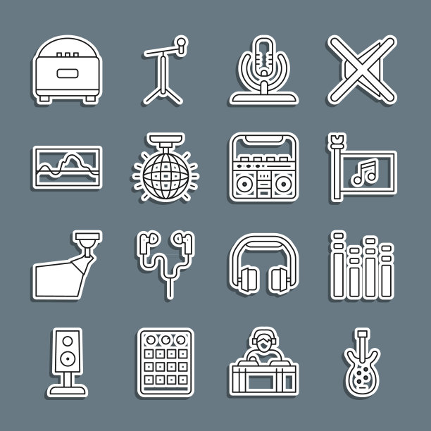 设置线电低音吉他，音乐均衡器，节日旗帜，麦克风，迪斯科球，波，立体声扬声器和家庭立体声扬声器图标。向量图片下载