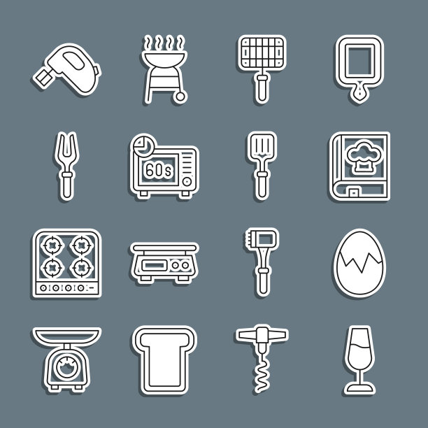 设置线酒杯，碎鸡蛋，烹饪书，烧烤钢网格，微波炉，叉子，电动搅拌机和刮刀图标。向量图片下载