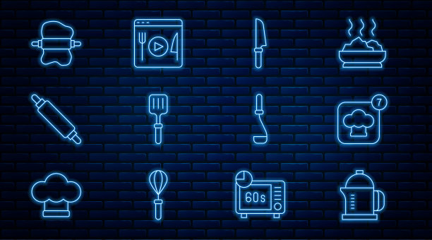 设置线法式压机，厨师帽，刀，烧烤抹刀，擀面杖，在面团上，厨房勺子和烹饪直播流图标。向量图片下载