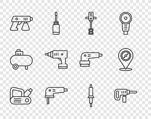 电动刨床、钻床、手电混凝土搅拌机、拼图、喷漆枪、无绳螺丝刀、烙铁、圆形刀片图标。向量图片下载
