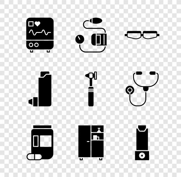 将监视器设置为心电图、血压、安全护目镜、药瓶和药片、药箱、吸入器和医用耳镜工具图标。向量图片下载
