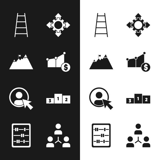 设置饼图和美元，山脉与旗帜，楼梯完成，项目团队基地，创建帐户屏幕，业务平台，和算盘图标。向量图片下载