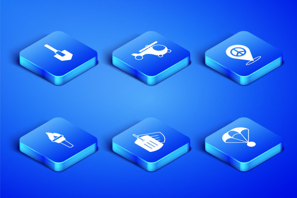 设置降落伞，铲子，军犬标签，火炬，直升机和位置和平图标。向量图片下载