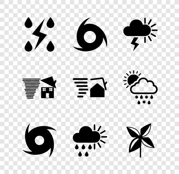 设置风暴，龙卷风，阴天与雨和太阳，风车，漩涡和图标。向量图片下载