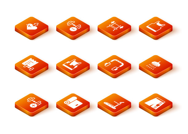 设置哑铃，健身垫卷，运动训练计划，汗湿无袖t恤，跑步机，耳机，短裤和淋浴图标。向量图片下载