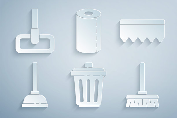 设置垃圾桶，海绵泡沫，橡胶柱塞，手柄扫帚，纸巾卷和拖把图标。向量图片下载