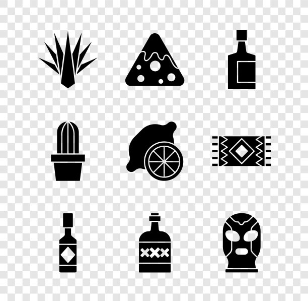 设置龙舌兰，玉米片，龙舌兰瓶，塔巴斯科酱汁，墨西哥摔跤手，仙人掌或多汁锅和柠檬图标。向量图片下载