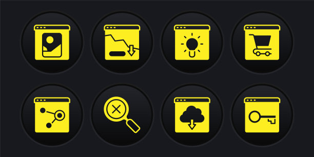 设置浏览器窗口，在线购物屏幕，放大镜和删除，云下载，财务增长下降，安全您的网站HTTPS, SSL和照片修饰图标。向量图片下载