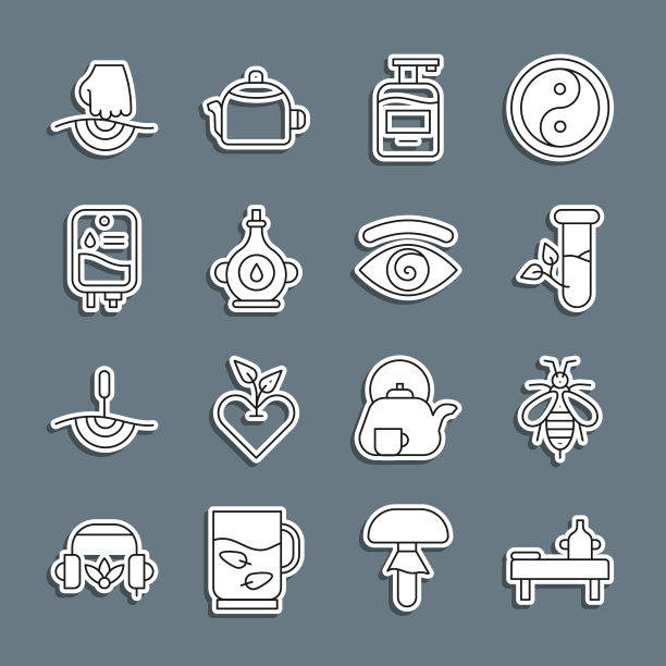 设置有按摩油，蜜蜂，实验室玻璃和树叶，液体肥皂瓶，油瓶，输液袋，催眠图标。向量图片下载