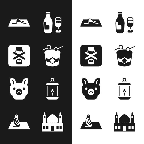 设置斋月鼓，无酒，穆斯林男子祈祷，酒瓶与玻璃，猪，Kareem灯笼，清真寺和图标。向量图片下载