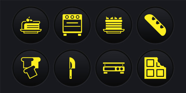 设置面包吐司，法国法棍面包，刀，电子秤，蛋糕，烤箱，巧克力棒和一块蛋糕的图标。向量图片下载